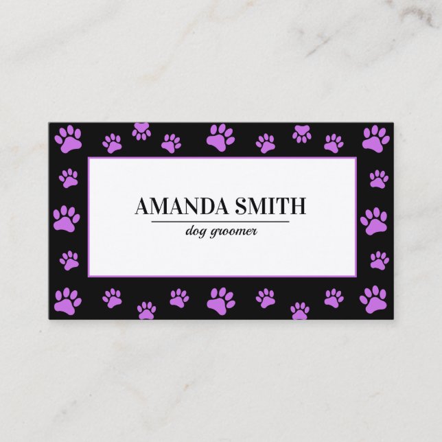 Tarjeta De Visita Purple Paw Prints Black Dog Groomer Business Card (Anverso)
