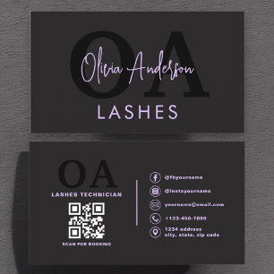 Tarjeta De Visita Purple QR Code Eye Lashes Técnico Negro