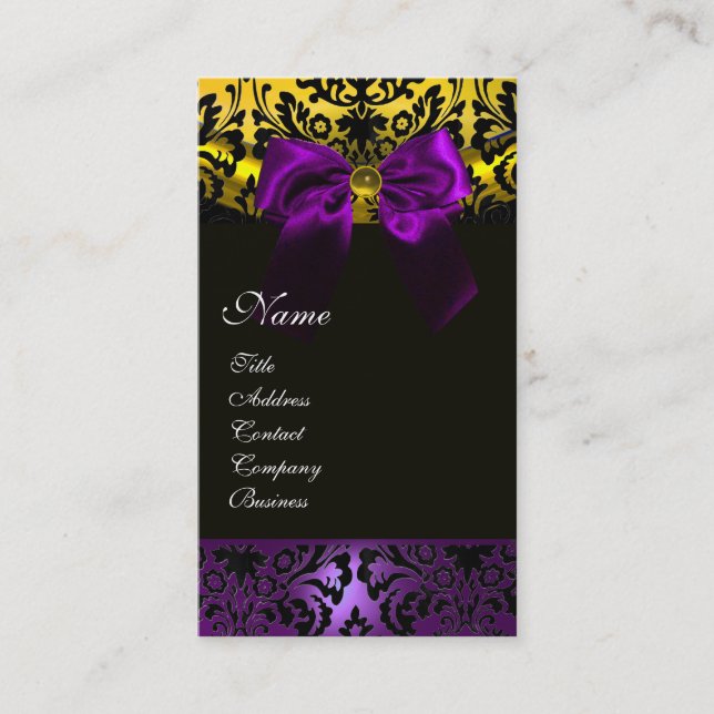 TARJETA DE VISITA PURPLE RIBBON BLACK GOLD YELLOW DAMASK MONOGRAM (Anverso)