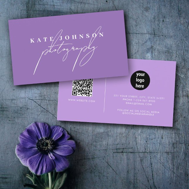 Tarjeta De Visita Purple Signature Script QR Código Medios sociales (Purple Signature Script QR Code Social Media Business Card)