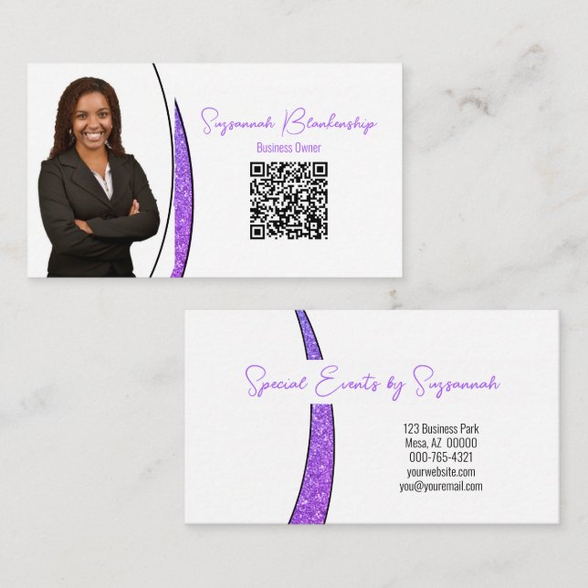 Tarjeta De Visita Purple Sliver Faux Purpurina Photo QR Professional (Anverso / Reverso)