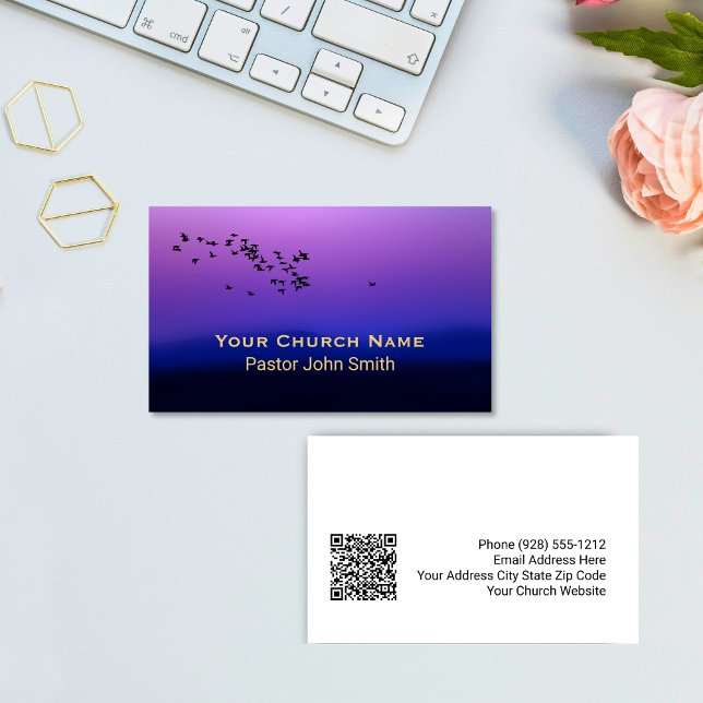Tarjeta De Visita Purple Sunset Birds Church Pastor QR Code (Purple Sunset Birds Church Pastor QR Code Business Card)