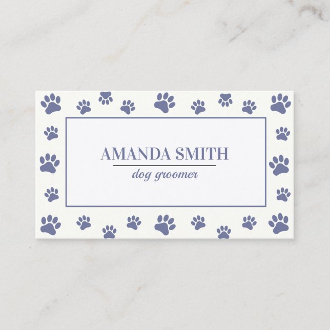 Tarjeta De Visita Purple White Paw Prints Dog Groomer Business Card (Anverso)