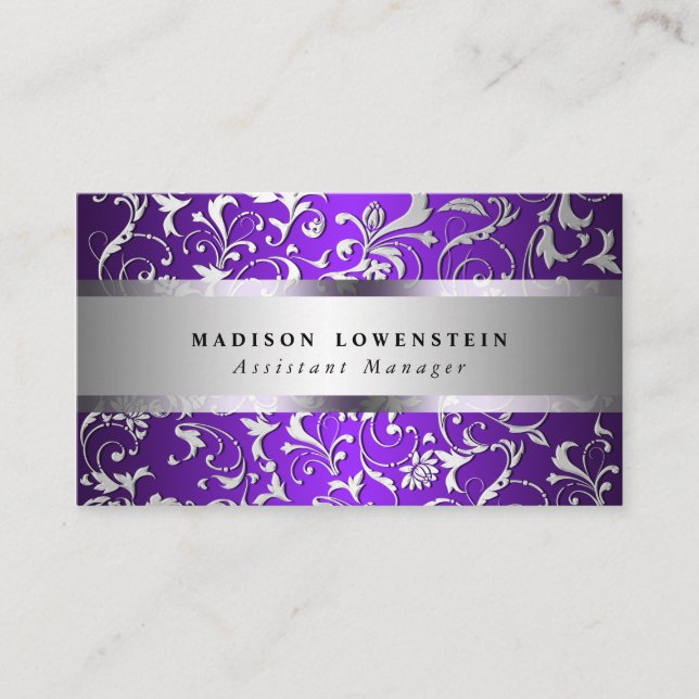 Tarjeta De Visita Púrpura adornada del modelo del Flourish de plata (Anverso)