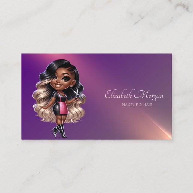 Tarjeta De Visita Púrpura de peluquero afroamericano profesional (Anverso)