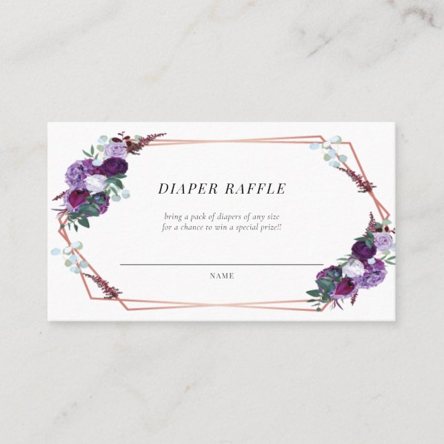Tarjeta De Visita Púrpura Floral Baby Shower Diaper Raffle Card (Anverso)