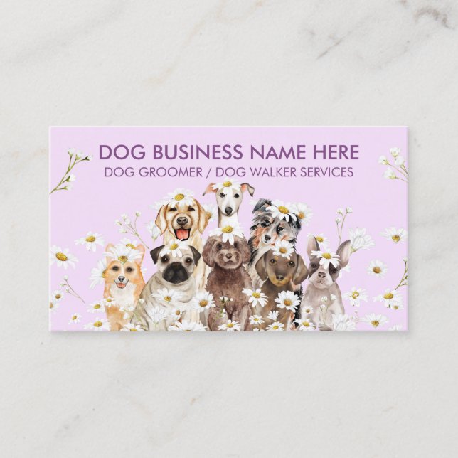 Tarjeta De Visita Púrpura Mascota de flores de margarita Sitter Walk (Anverso)