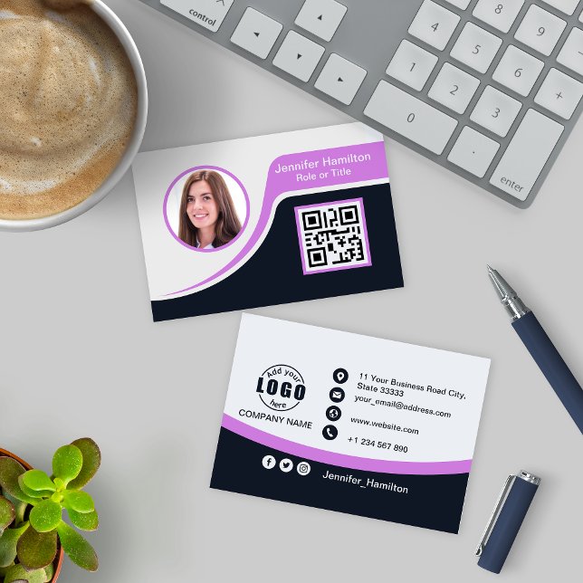 Tarjeta De Visita Púrpura negra profesional añada su logotipo QR (Subido por el creador)