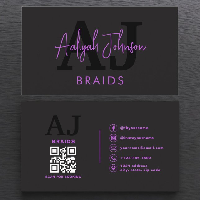 Tarjeta De Visita Púrpura negro Código QR Braids Hair Stylist (Subido por el creador)