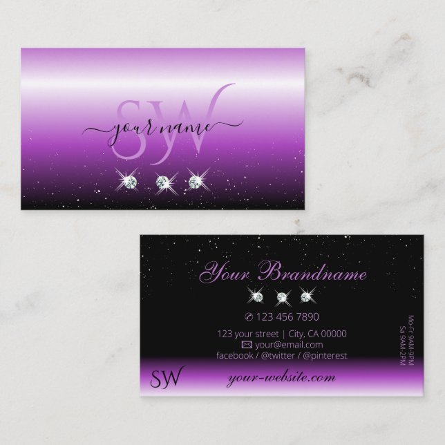 Tarjeta De Visita Púrpura Ombre Negro Sparkle Jewels Iniciales de mo (Anverso / Reverso)