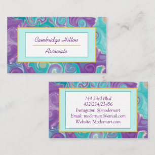 Tarjeta De Visita Púrpura, oro y líquido de mármol azul