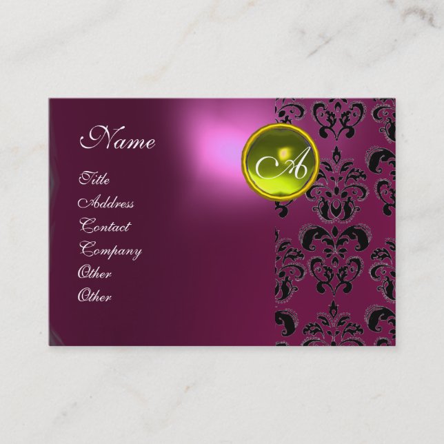 Tarjeta De Visita PÚRPURA PINK DAMASK AMARILLO TOPAZ MONOGRAM ,fuchs (Anverso)