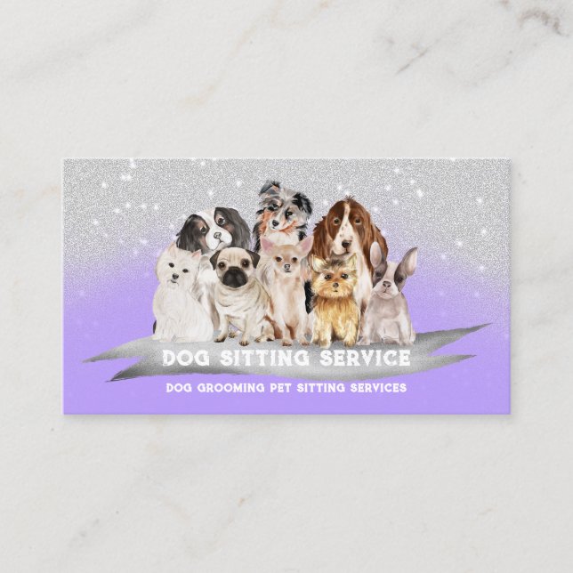Tarjeta De Visita Púrpura Plata Parkles Petsitter Dog Walker (Anverso)