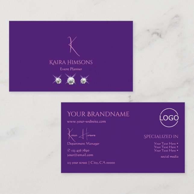 Tarjeta De Visita Púrpura real simple con logotipo de monograma y jo (Anverso / Reverso)