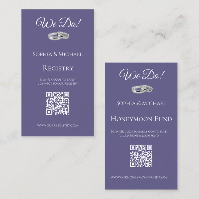 Tarjeta De Visita Púrpura y blanca- We Do-Boda Rings-Registry- (Anverso / Reverso)