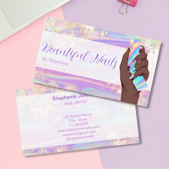 Tarjeta De Visita Purpurina afroamericano Holográfico Opal Nail Salo (Subido por el creador)