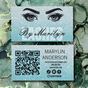 Tarjeta De Visita Purpurina Aqua Ombre Lash Tech Código QR escaneado