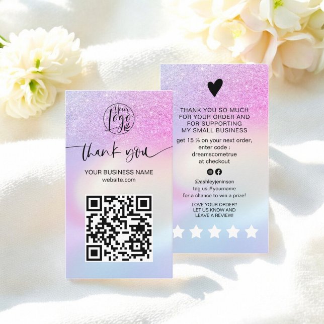 Tarjeta De Visita Purpurina arcoiris de lujo Ombre Holographic Graci (Luxury Rainbow Glitter Ombre Holographic Thank you Business Card)