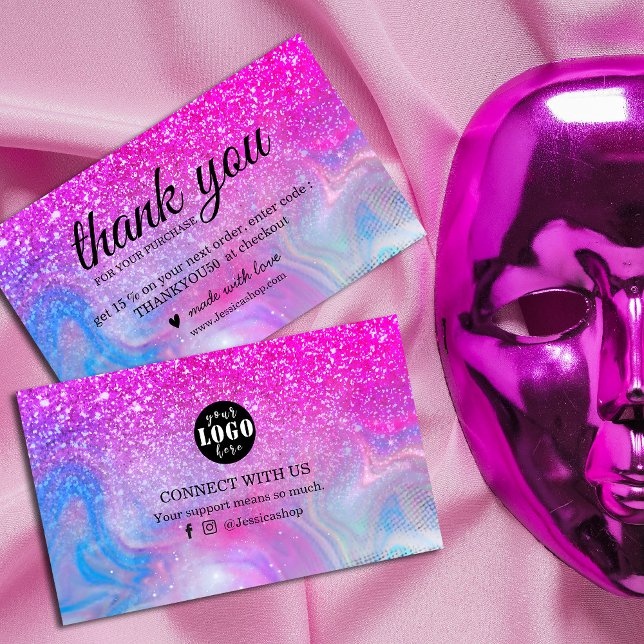Tarjeta De Visita Purpurina arcoiris holográfico gracias (Sparkle and shine with gratitude! Rainbow holographic and hot pink glitter business cards)