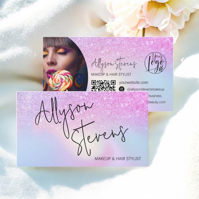 Tarjeta De Visita Purpurina arcoiris Ombre Holographic Makeup QR (Rainbow Glitter Ombre Holographic Makeup QR Business Card)