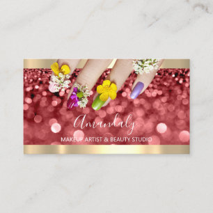 Tarjeta De Visita Purpurina azul Burgundy Glam Nails Floral