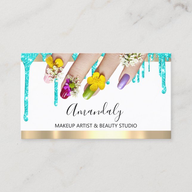 Tarjeta De Visita Purpurina azul maquillaje Dris estudio floral en u (Anverso)