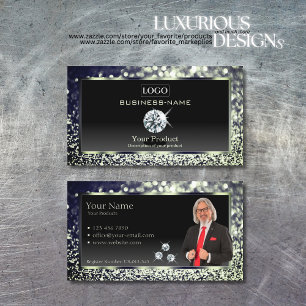 Tarjeta De Visita Purpurina azul negro de lujo con imagen de diamant