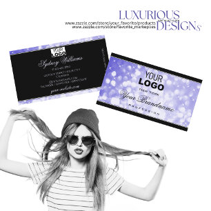 Tarjeta De Visita Purpurina azul pastel Estrellas con logotipo negro
