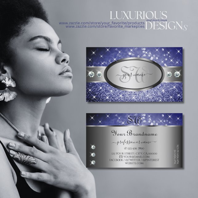 Tarjeta De Visita Purpurina azul real Esparkle Stars Diamonds Monogr (Subido por el creador)