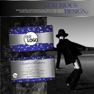 Tarjeta De Visita Purpurina azul real plateado Estrellas con logotip