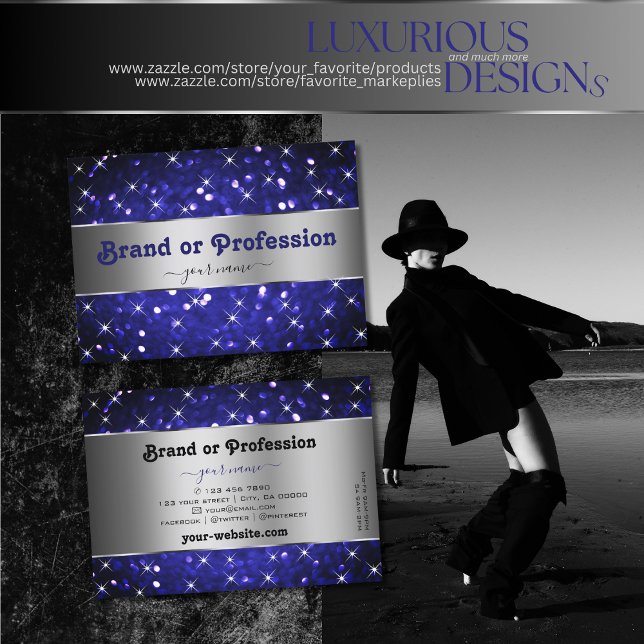 Tarjeta De Visita Purpurina azul real plateado Sparkle Stars Eleganc (Subido por el creador)