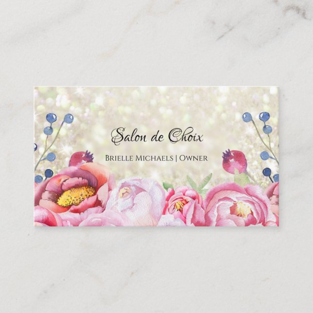 Tarjeta De Visita Purpurina blanco floral Rosa pelo y belleza (Anverso)