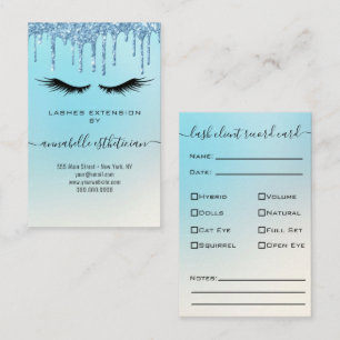 Tarjeta De Visita Purpurina Blue Eyelash Extension Client Record Bus