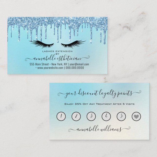 Tarjeta De Visita Purpurina Blue Eyelash Extension Loyalty Business (Anverso / Reverso)