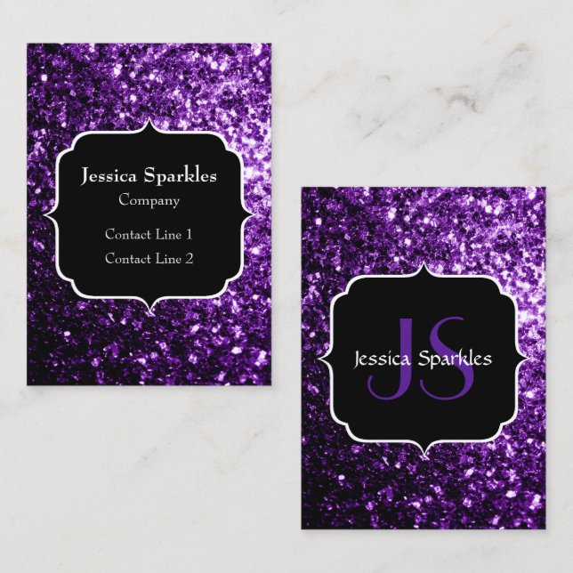 Tarjeta De Visita Purpurina brillante oscuro morado chispas Monogram (Anverso / Reverso)