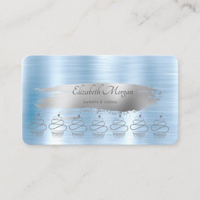 Tarjeta De Visita Purpurina Cupcakes Cepillo de plata Stroke Blue Me (Anverso)