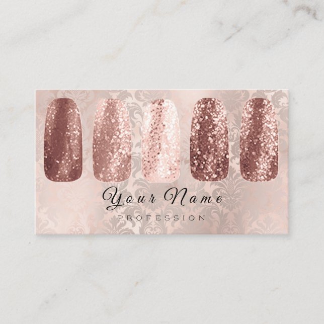 Tarjeta De Visita Purpurina de arte Nails Damask Champagne Rosa Gold (Anverso)