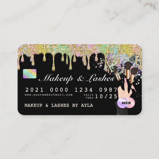 Tarjeta De Visita Purpurina de belleza Drip Holographic MUA Crédito (Anverso)