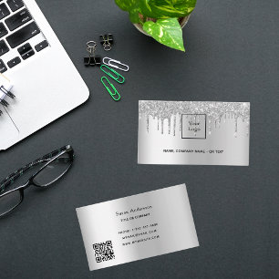 Tarjeta De Visita Purpurina de código QR plateado gotea hembra