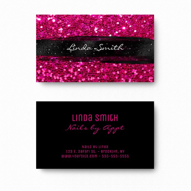 Tarjeta De Visita Purpurina de confeti rosa magenta pincel negro (Magenta Pink Confetti Glitter Black Brush Strokes Business Card)