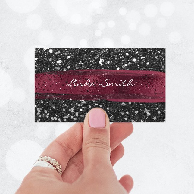 Tarjeta De Visita Purpurina de confetti negro brote de borgoña (Black Confetti Glitter Burgundy Brush Strokes Business Card)