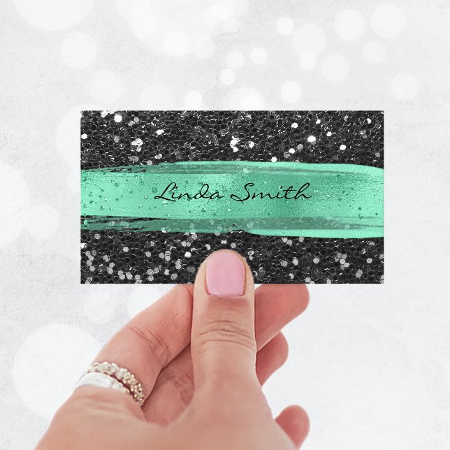 Tarjeta De Visita Purpurina de confetti negro con pinzas de pincel v (Black Confetti Glitter Mint Green Brush Strokes Business Card)