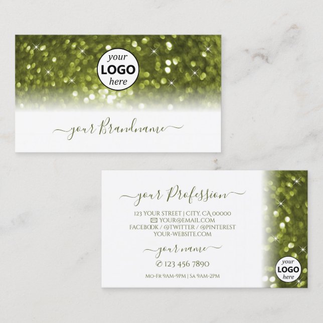 Tarjeta De Visita Purpurina de espuma brillante verde oliva moderna  (Anverso / Reverso)
