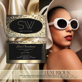 Tarjeta De Visita Purpurina de espuma de oro negro de lujo con monog