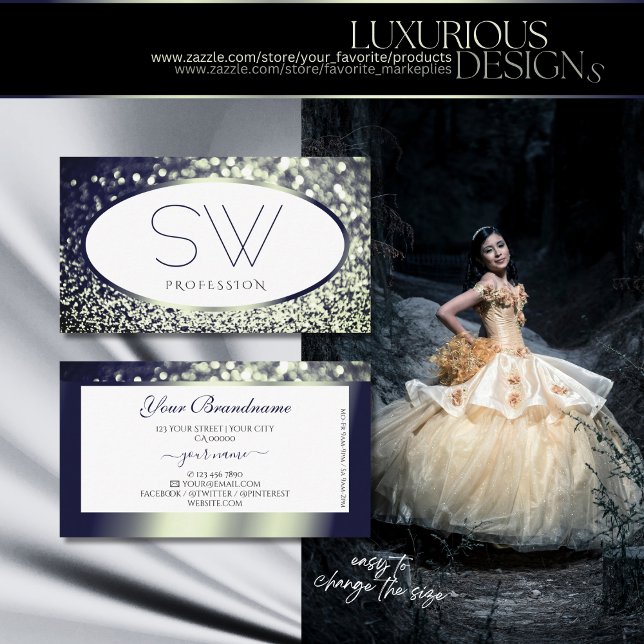 Tarjeta De Visita Purpurina de espuma de plata azul elegante Monogra (Subido por el creador)