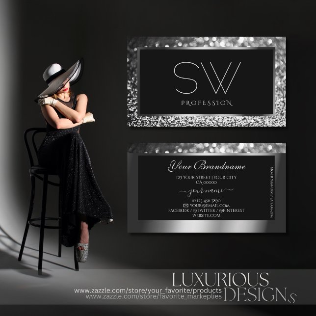 Tarjeta De Visita Purpurina de espuma plateado luminoso Monograma ne (Subido por el creador)