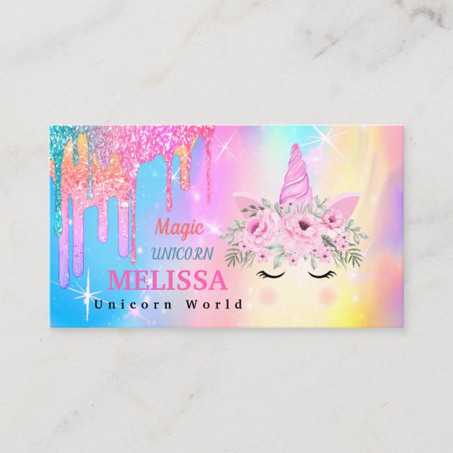 Tarjeta De Visita Purpurina de Flores Holográficas de Unicornio (Anverso)