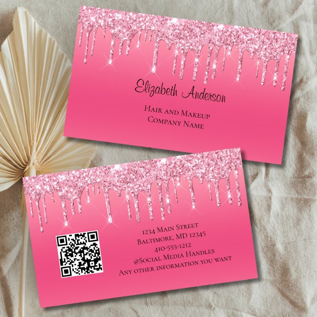 Tarjeta De Visita Purpurina de goteo rosa código QR Hair Salon Nails (Pink Dripping Glitter Glam Bling Hair Skin Nails Salon Business Card for her Women owned Business)