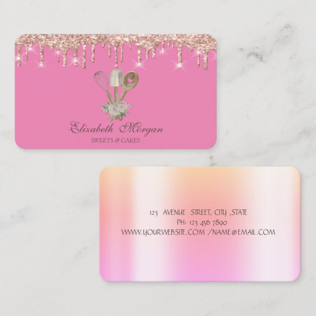 Tarjeta De Visita Purpurina de herramientas de pastelería Rosa Oro D (Anverso / Reverso)