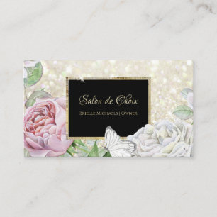 Tarjeta De Visita Purpurina de mariposa rosa rosa Black and Gold Scr